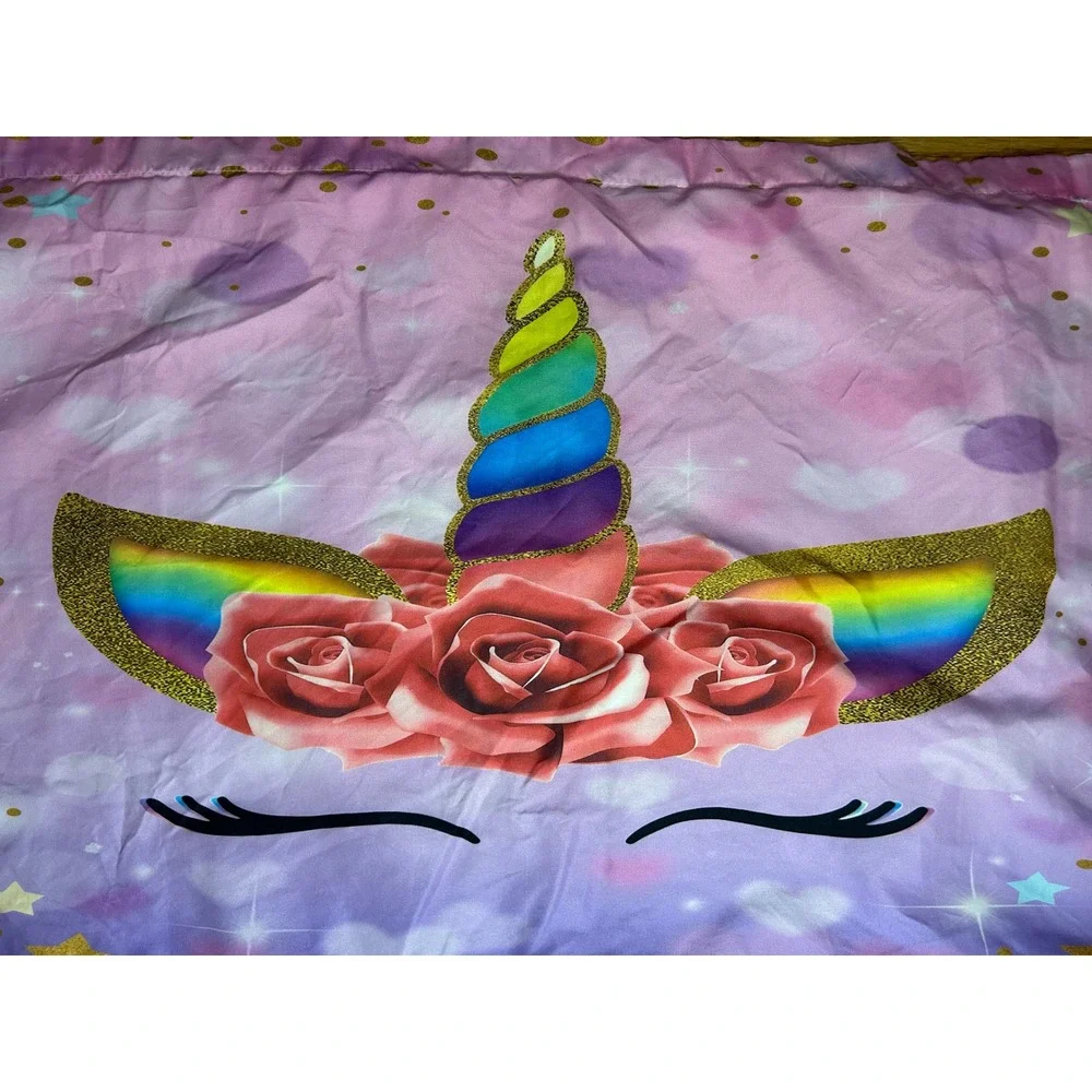 Kids Unicorn Pillowcase Rainbow‎ Horn Roses Sparkle Stars Purple Pink Bedding